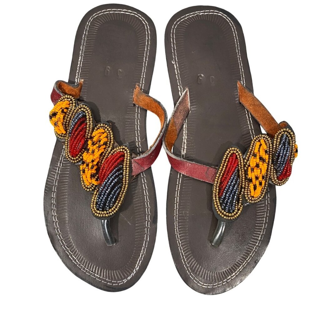 Handcrafted Womens Leather Sandals With Beaded Design Size 39 tribal print